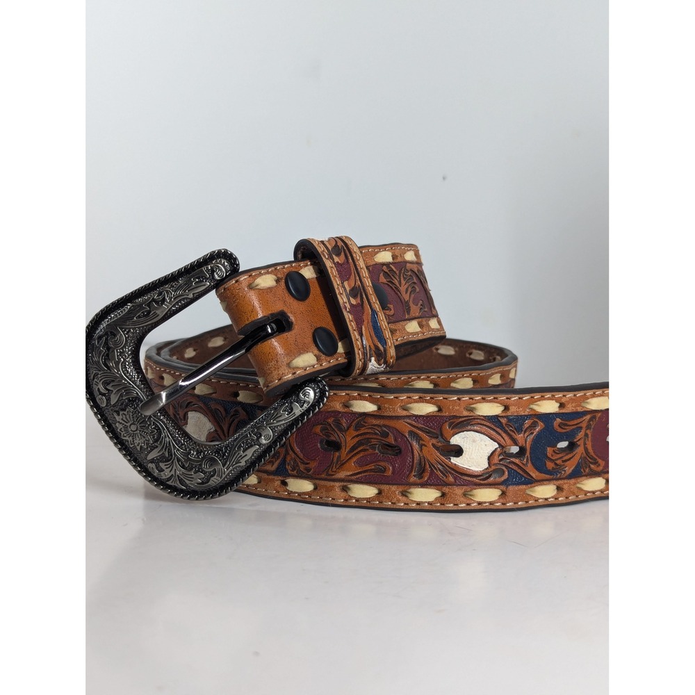 Roper Mens Western Belt 34 Tan Leather Floral Tooled Removable Buckle Whipstitch